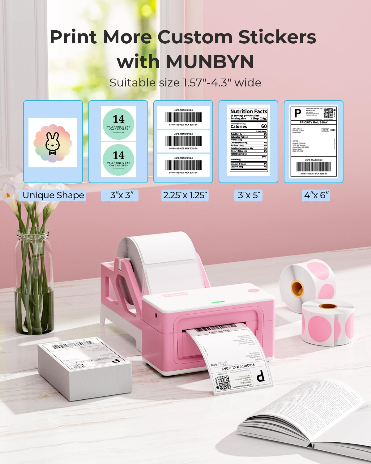 MUNBYN Bluetooth Thermal Label Printer 941B, Wireless 300DPI 4x6 Shipping Label Printer for Small Business, Compatible with Windows, Mac, iPhone, Android, PC, Ebay, Amazon, Shopify, Etsy, USPS (Pink)