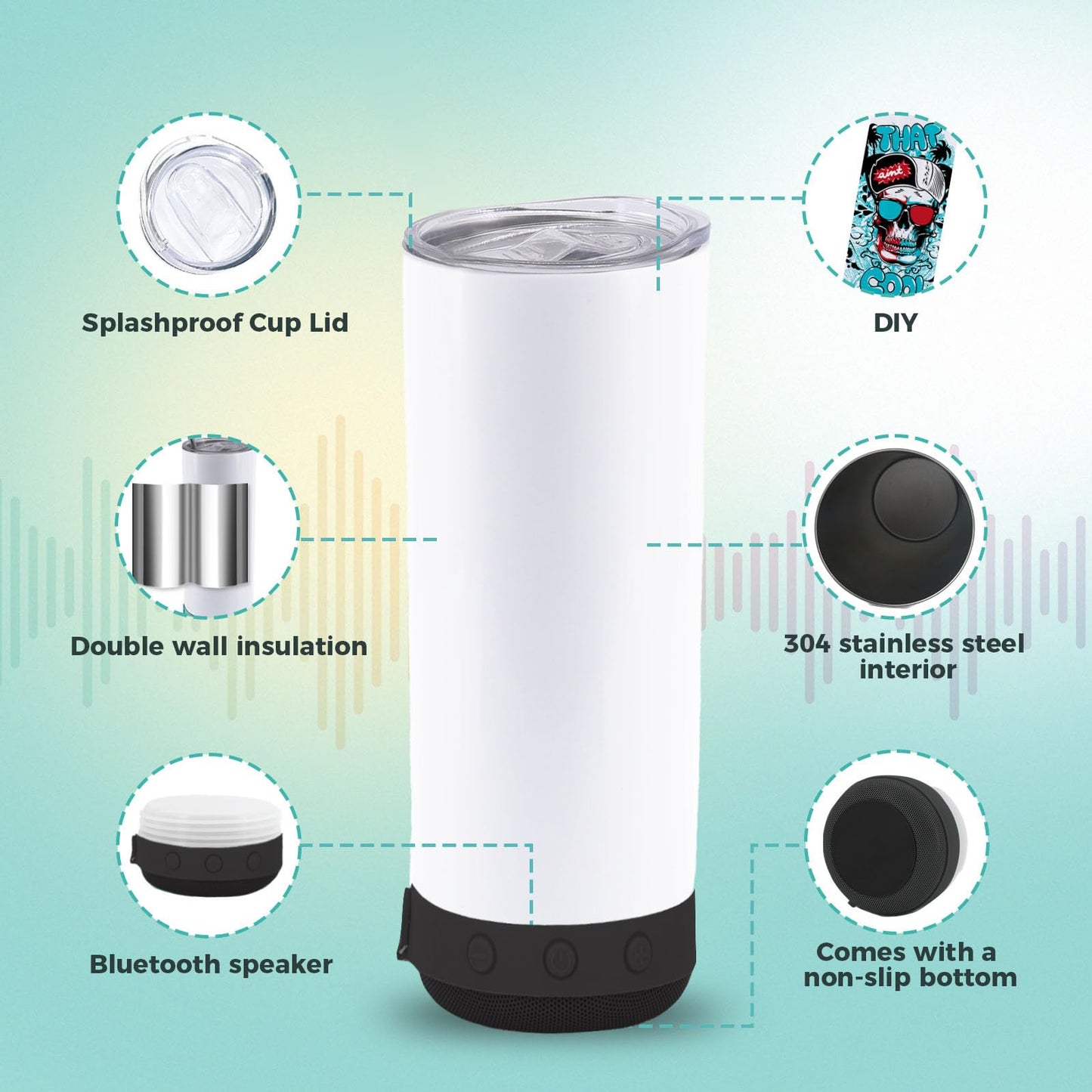 20oz Sublimation Tumbler Blank Bluetooth Tumbler with Straw and Lid, Double-Wall Stainless Steel Vacuum Insulation cups, RemovableRechargeable Bluetooth Wireless Speaker