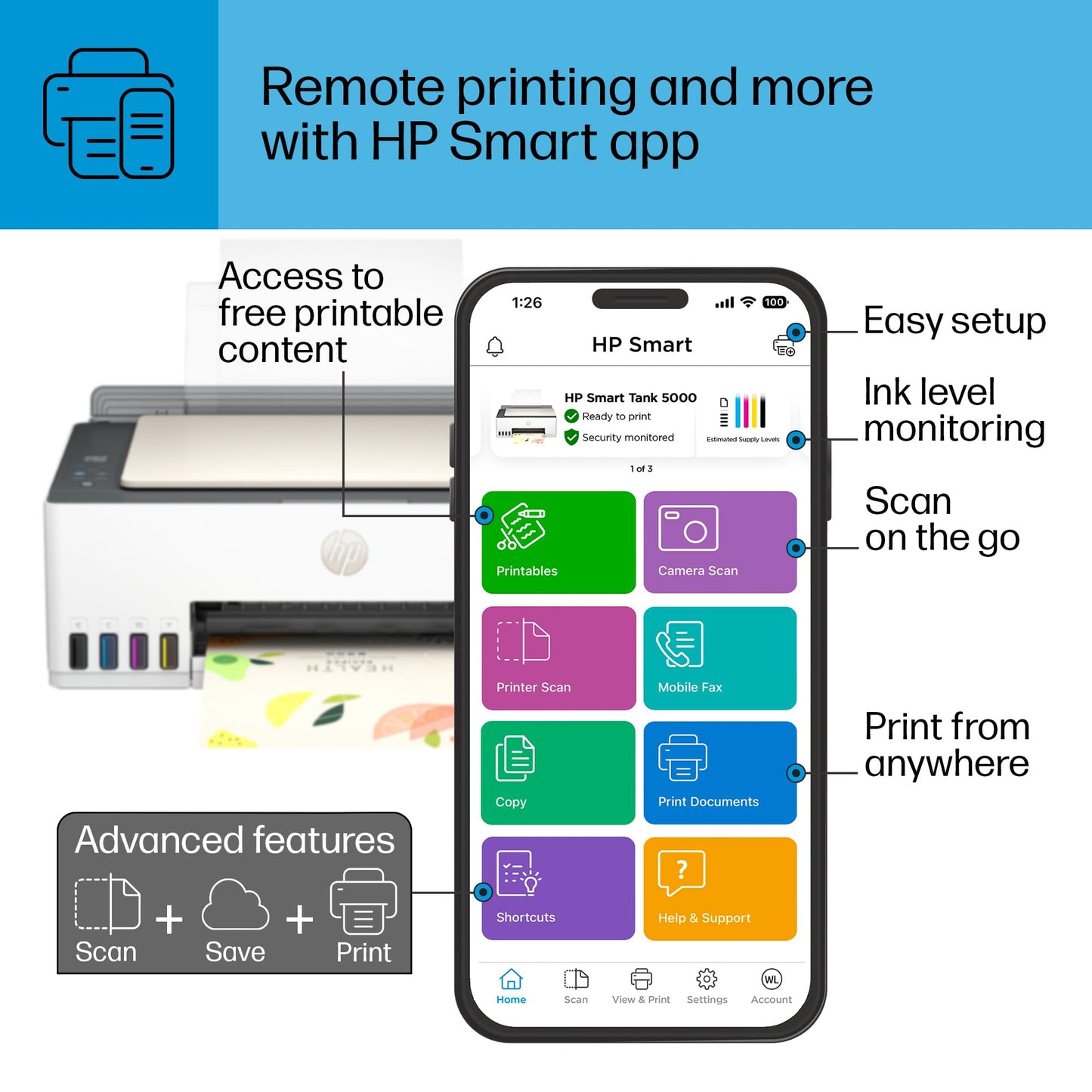 HP Smart -Tank 5101 Wireless Cartridge-free all in one printer, up to 2 years of ink included, mobile print, scan, copy (1F3Y0A) , White