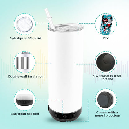 20oz Sublimation Tumbler Blank Bluetooth Tumbler with Straw and Lid, Double-Wall Stainless Steel Vacuum Insulation cups, RemovableRechargeable Bluetooth Wireless Speaker