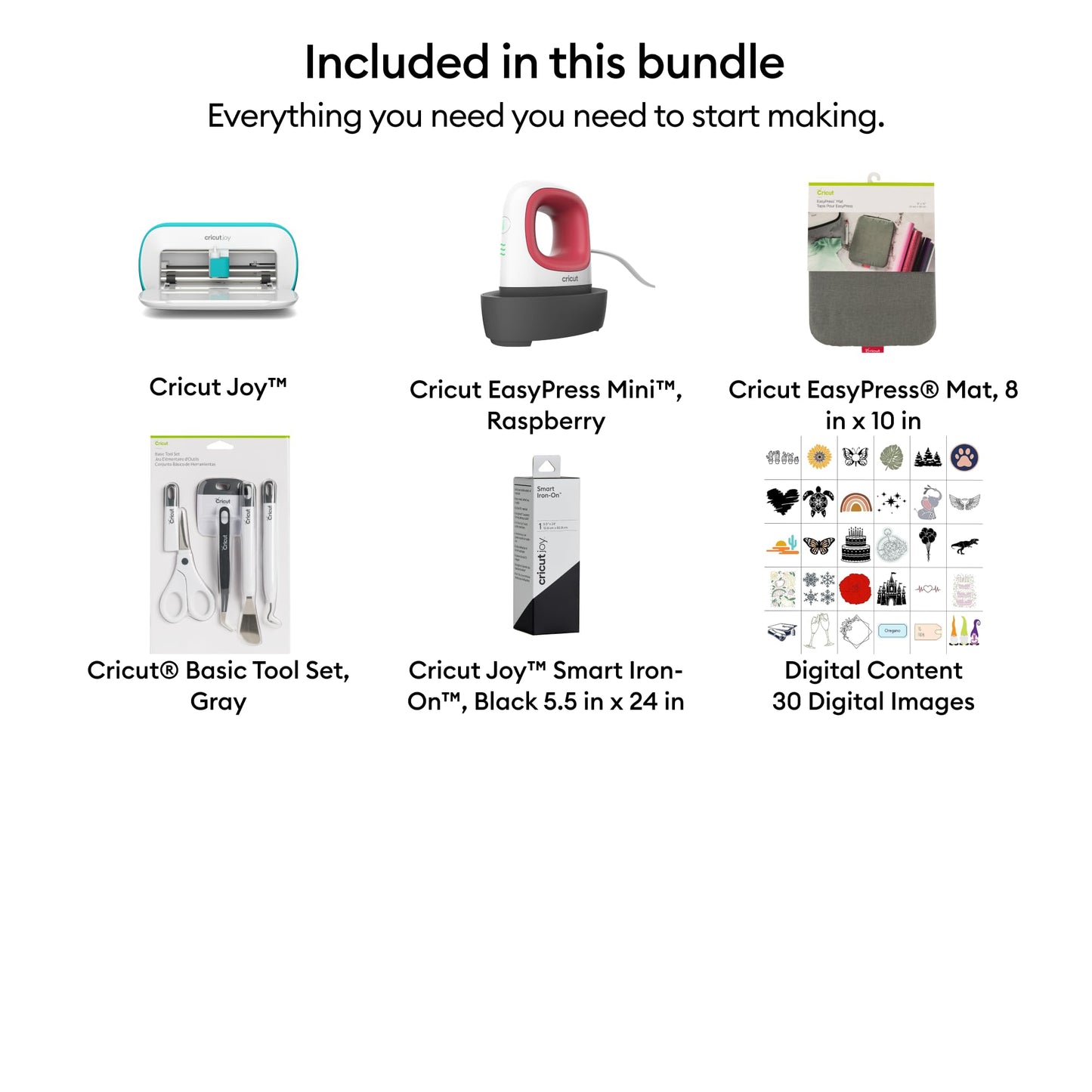 Cricut Joy & Digital Content Library (30 Images) - Smart Iron On Bundle - Includes Cricut Joy, EasyPress Mini Heat Press, Heat Press Mat, 5-Piece Tool Set & Smart Iron On HTV 2f Roll, Black