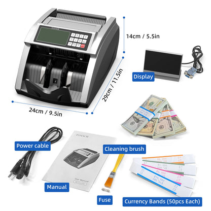 PONNOR Money Counter Machine with Value Bill Count, Cash Counting Machine for Dollar, Euro with UV/MG/IR/DD/DBL/HLF/CHN Counterfeit Detection, Bill Counter with Large LCD Display