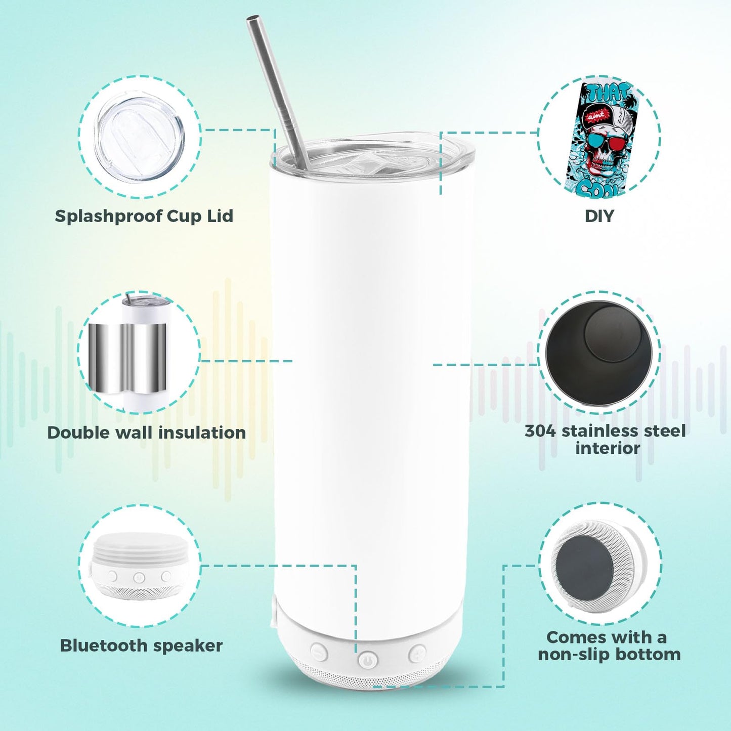 20oz Sublimation Tumbler Blank Bluetooth Tumbler with Straw and Lid, Double-Wall Stainless Steel Vacuum Insulation cups, RemovableRechargeable Bluetooth Wireless Speaker