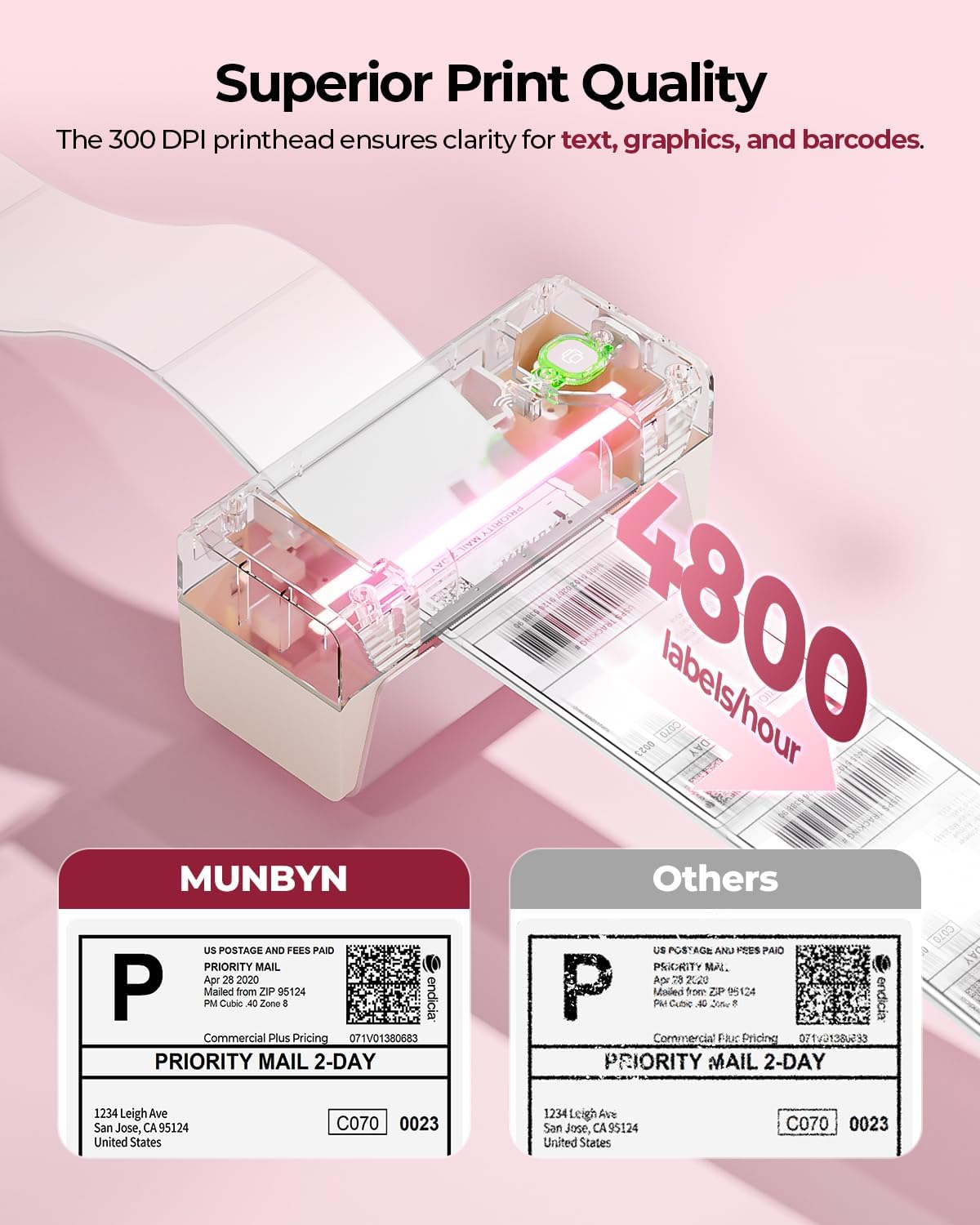 MUNBYN Pink Wireless Label Printer 300DPI, RW401AP Wi-Fi Thermal Printer, AirPrint Connectivity No Driver Compatible with iPhone, iPad, Mac, Work with 4x6 Label for Windows, Android