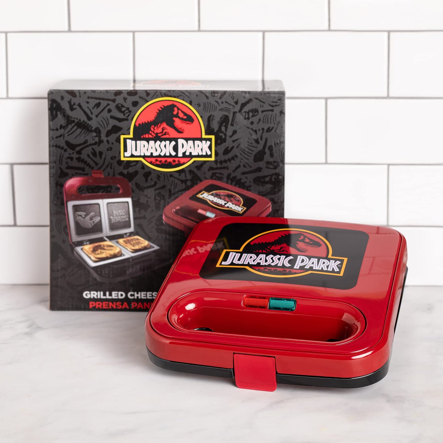 Uncanny Brands Jurassic Park Grilled Cheese Maker- Panini Press and Compact Indoor Grill- Opens 180 Degrees for Burgers