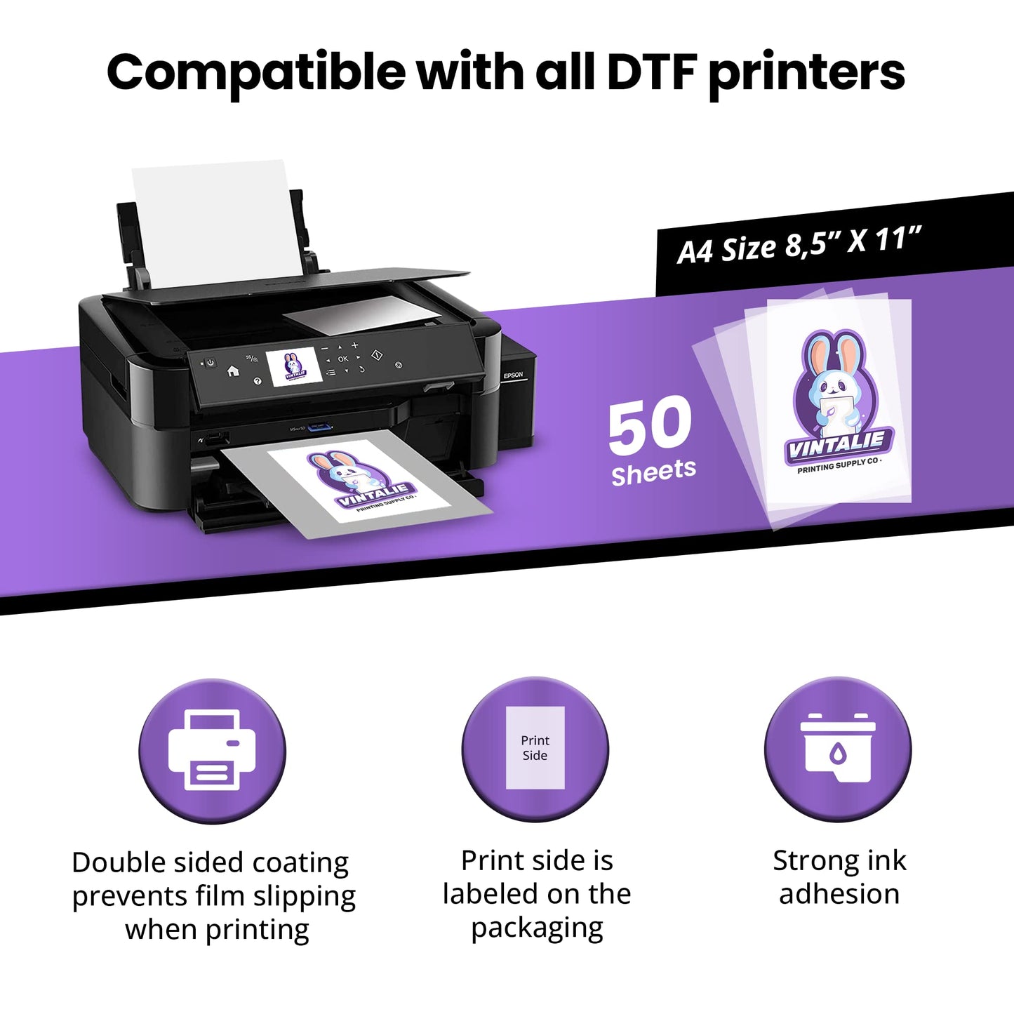 Vintalie DTF Transfer Film – A4 (8.5”x11”)50 Sheets Matte Double Sided DTF film for Epson/Inkjet printers,Heat Transfer Paper for light and dark fabrics,Direct to Film for sublimation