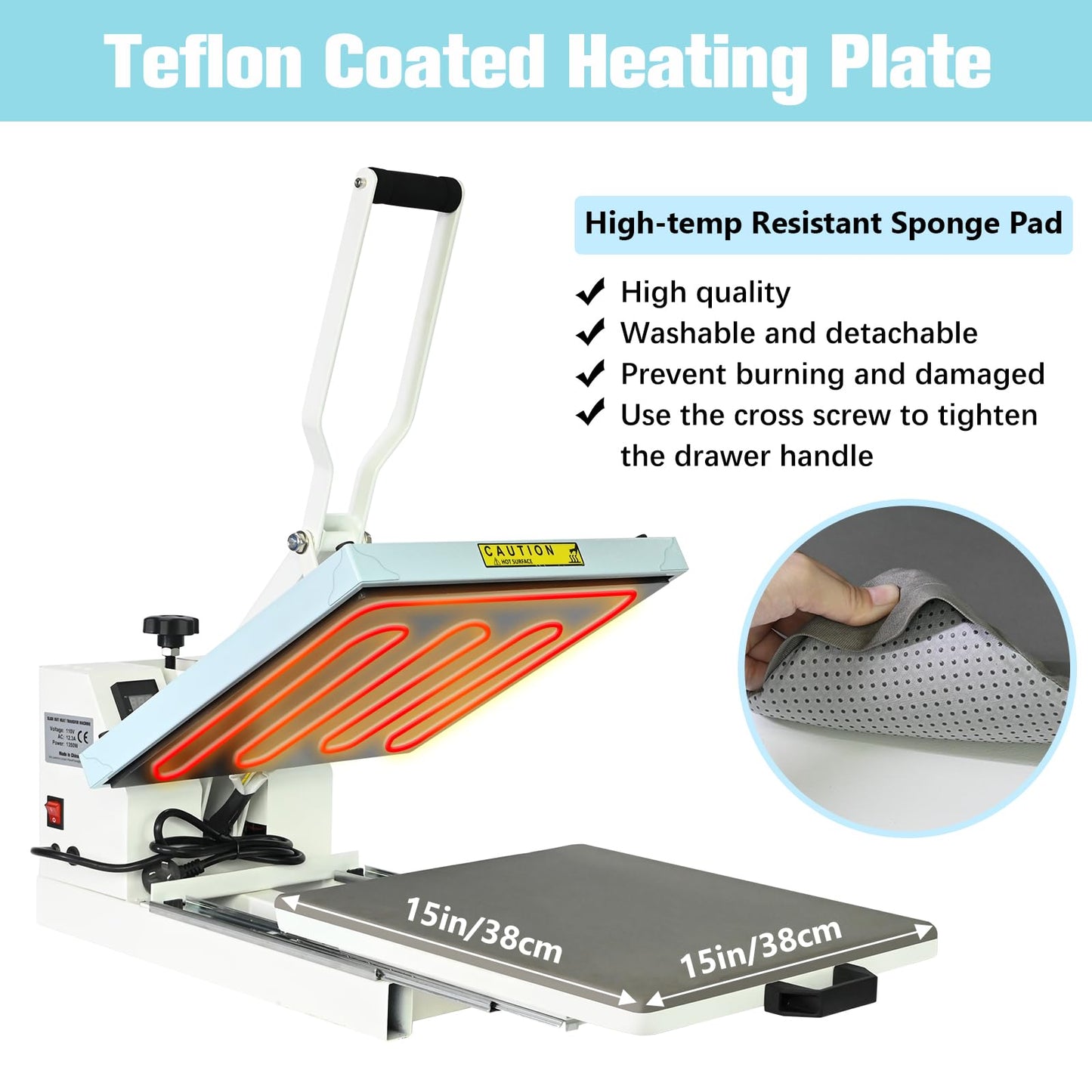 Heat Press 15x15 inch Industrial Quality with Adjustable Pressure, Slide Out Heat Transfer Machine for T-Shirt, Blue