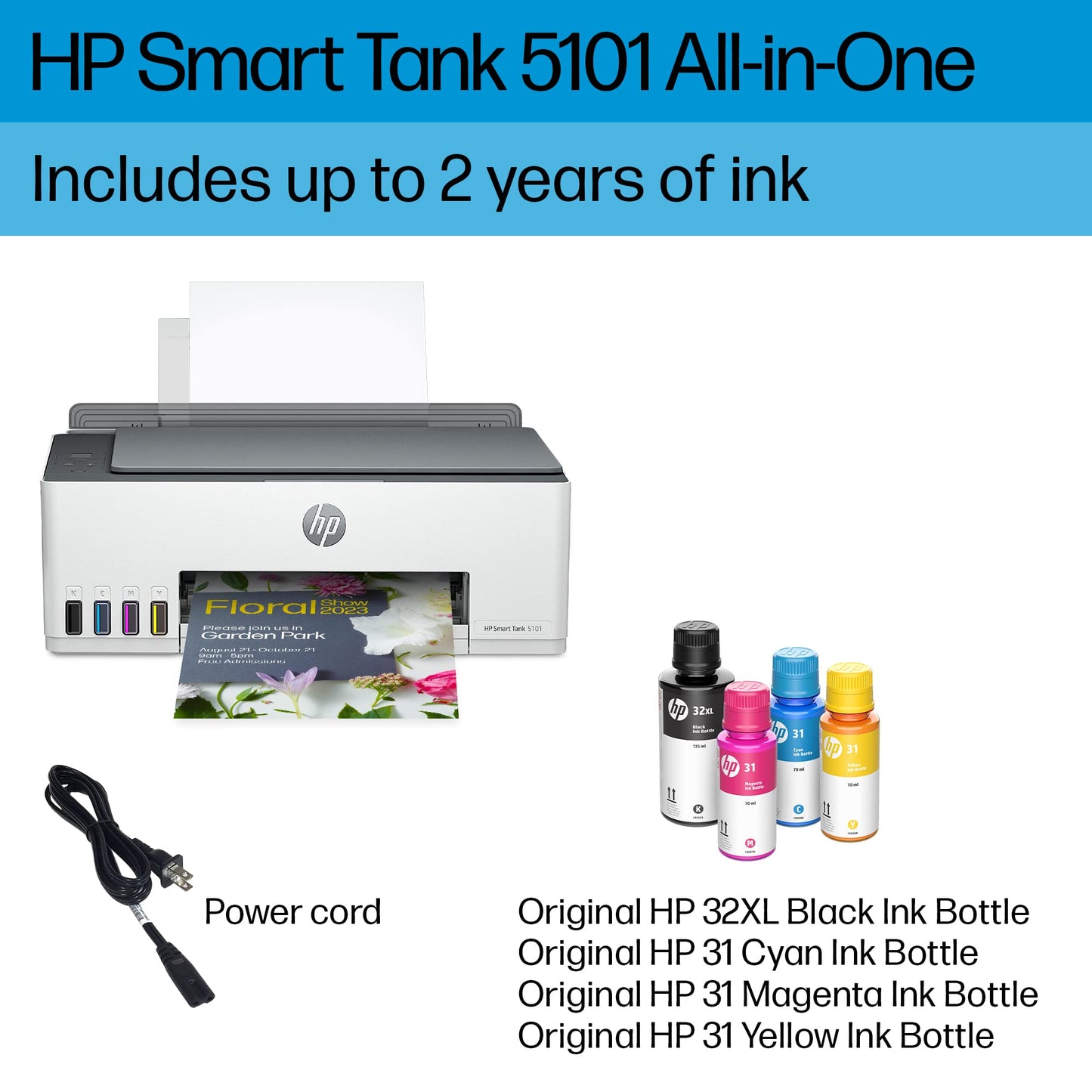 HP Smart -Tank 5101 Wireless Cartridge-free all in one printer, up to 2 years of ink included, mobile print, scan, copy (1F3Y0A) , White