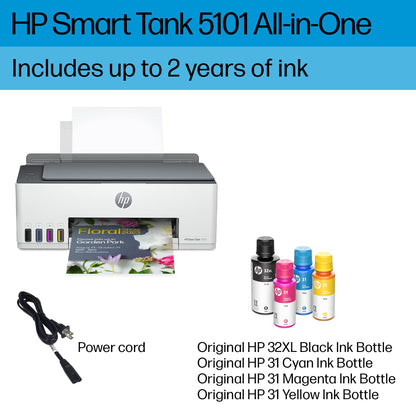 HP Smart -Tank 5101 Wireless Cartridge-free all in one printer, up to 2 years of ink included, mobile print, scan, copy (1F3Y0A) , White