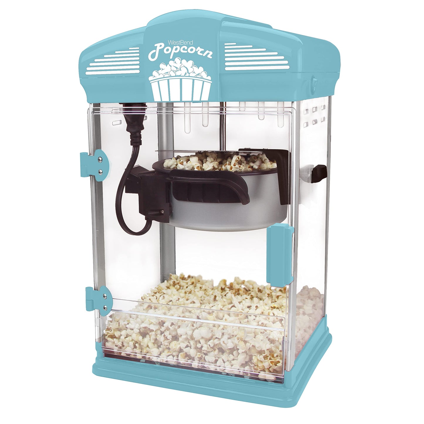 West Bend Stir Crazy Movie Theater Popcorn Popper, Gourmet Popcorn Maker with Nonstick Popcorn Kettle, Measuring Tool and Scoop , 4 Qt, Blue
