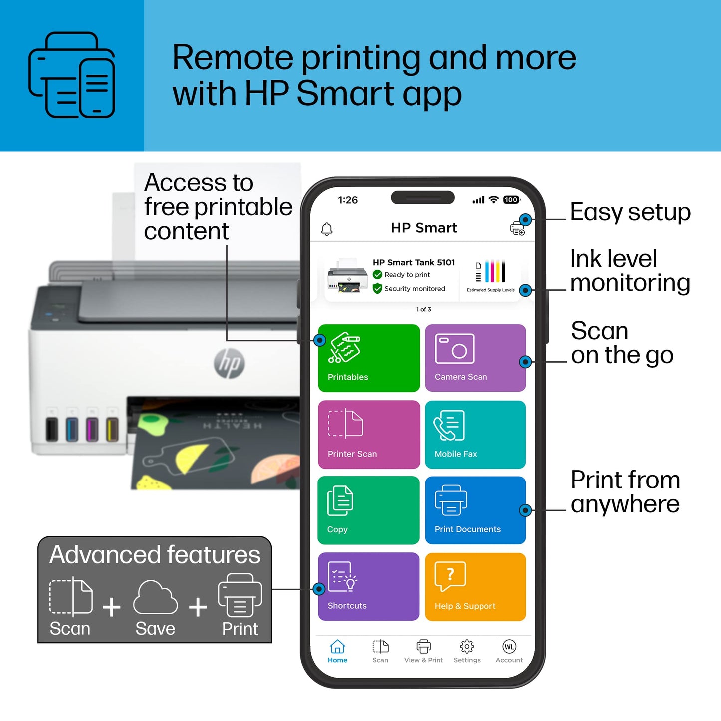 HP Smart -Tank 5101 Wireless Cartridge-free all in one printer, up to 2 years of ink included, mobile print, scan, copy (1F3Y0A) , White