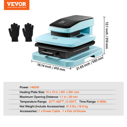 VEVOR Auto Heat Press Machine for T Shirts, 15x15 Smart Tshirt Press Machine with Auto Release, Heating Fast & Evenly, Intelligent Heat Press for Sublimation, Vinyl, Heat Transfer Projects