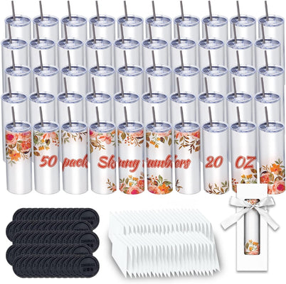 50 Pack Sublimation Tumblers 20 oz Skinny bulk,Stainless Steel Double Wall Insulated Straight Sublimation Tumbler Cups Blank White with Lid,Individually Box,Polymer Coating for Heat Transfer