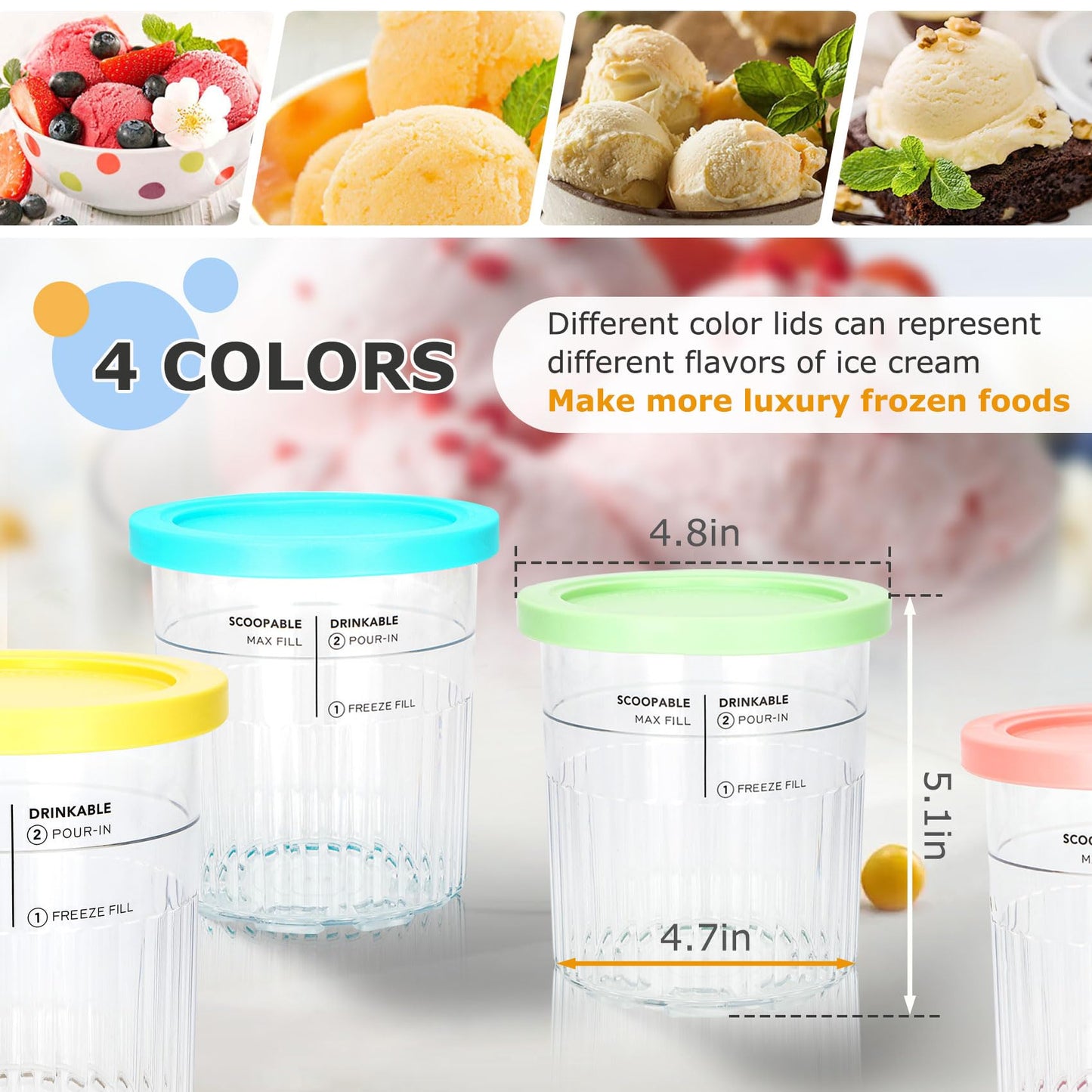 For Ninja Creami Deluxe Pints- 4 Pack, NC500 NC501 Ice Cream Pint fit for Ninja Delux Ice Cream Maker, For Ninja Creami Deluxe Containers Hold 24 Ounces of Food, Dishwasher Safe