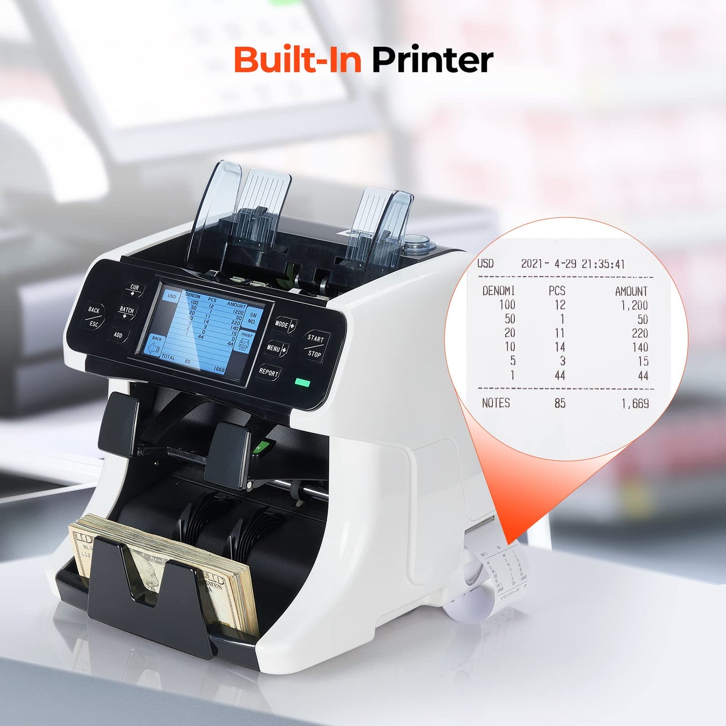 MUNBYN IMC40 2-Pocket Money Counter Machine Mixed Denomination and Sorter, Built-in Printer, Sort on DENOM/FACE/ORI, Value Counting, Counterfeit Detection 2 CIS/UV/MG/IR, Touch Screen, 2Y Protection