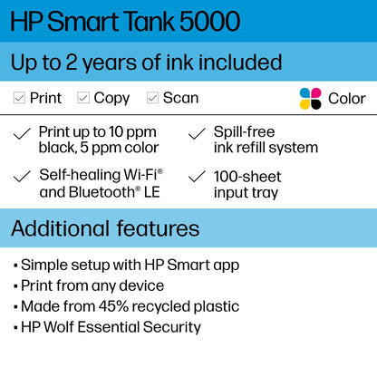 HP Smart -Tank 5101 Wireless Cartridge-free all in one printer, up to 2 years of ink included, mobile print, scan, copy (1F3Y0A) , White