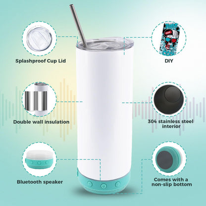 20oz Sublimation Tumbler Blank Bluetooth Tumbler with Straw and Lid, Double-Wall Stainless Steel Vacuum Insulation cups, RemovableRechargeable Bluetooth Wireless Speaker