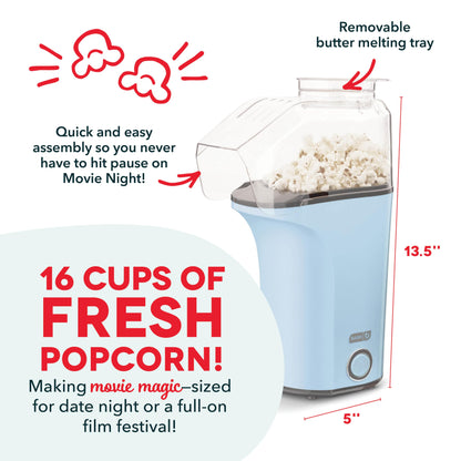 DASH Hot Air Popcorn Popper Maker with Measuring Cup to Portion Popping Corn Kernels + Melt Butter, 16 Cups - Aqua