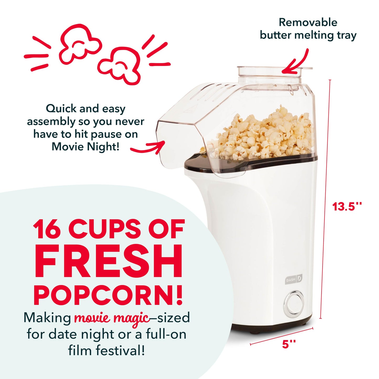 DASH Hot Air Popcorn Popper Maker with Measuring Cup to Portion Popping Corn Kernels + Melt Butter, 16 Cups - Aqua