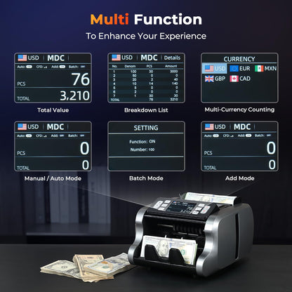 MUNBYN IMC09 Mixed Denomination Money Counter Machine, Value Counting, UV/MG/IR/MT Bill Counter, 3.5" TFT Display Money Counting Machine Printer Enabled, USD, EUR, MXN Cash Counter for Business(Black)