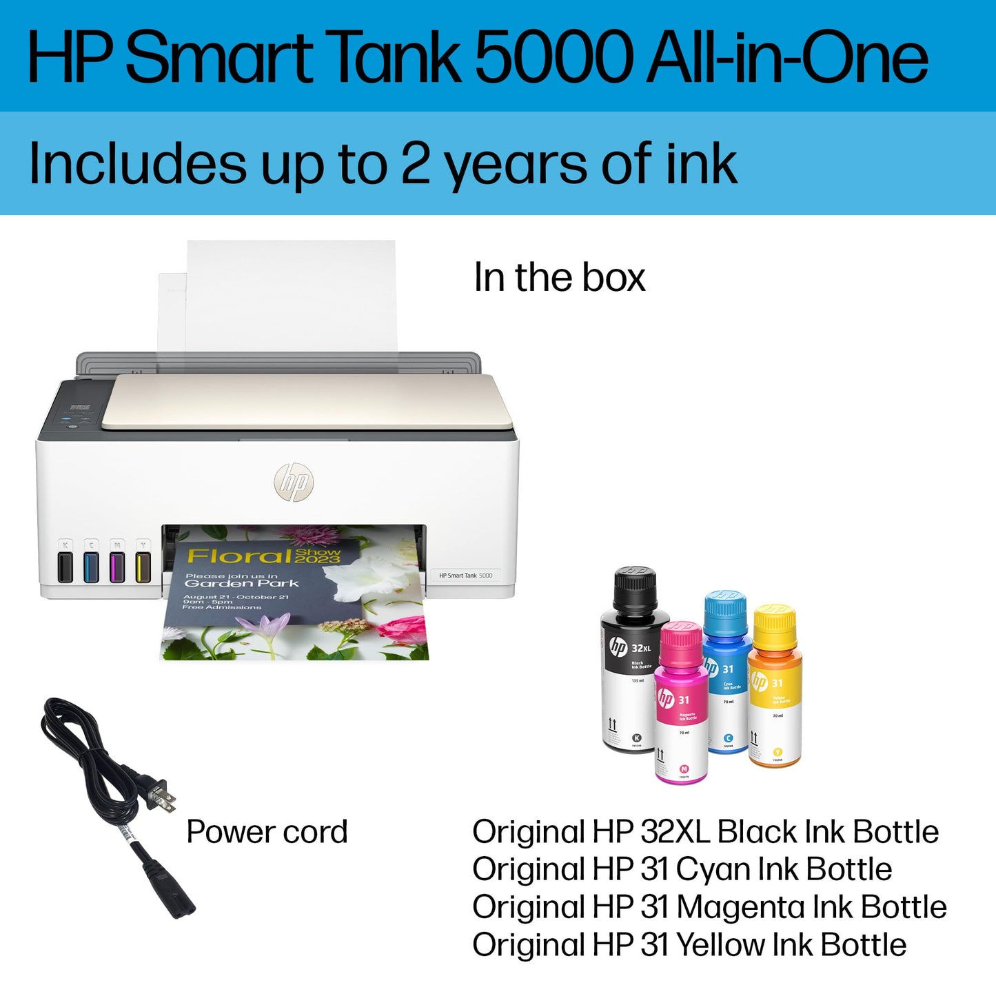 HP Smart -Tank 5101 Wireless Cartridge-free all in one printer, up to 2 years of ink included, mobile print, scan, copy (1F3Y0A) , White