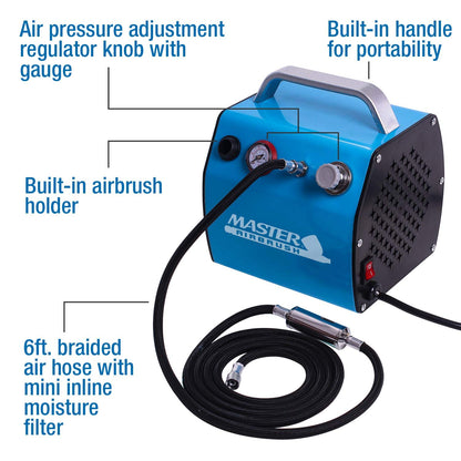 Master Airbrush Model TC-77, Super Quiet High Performance Airbrush Compressor with a 6 Foot Braided Hose with Mini-Inline Moisture Filter