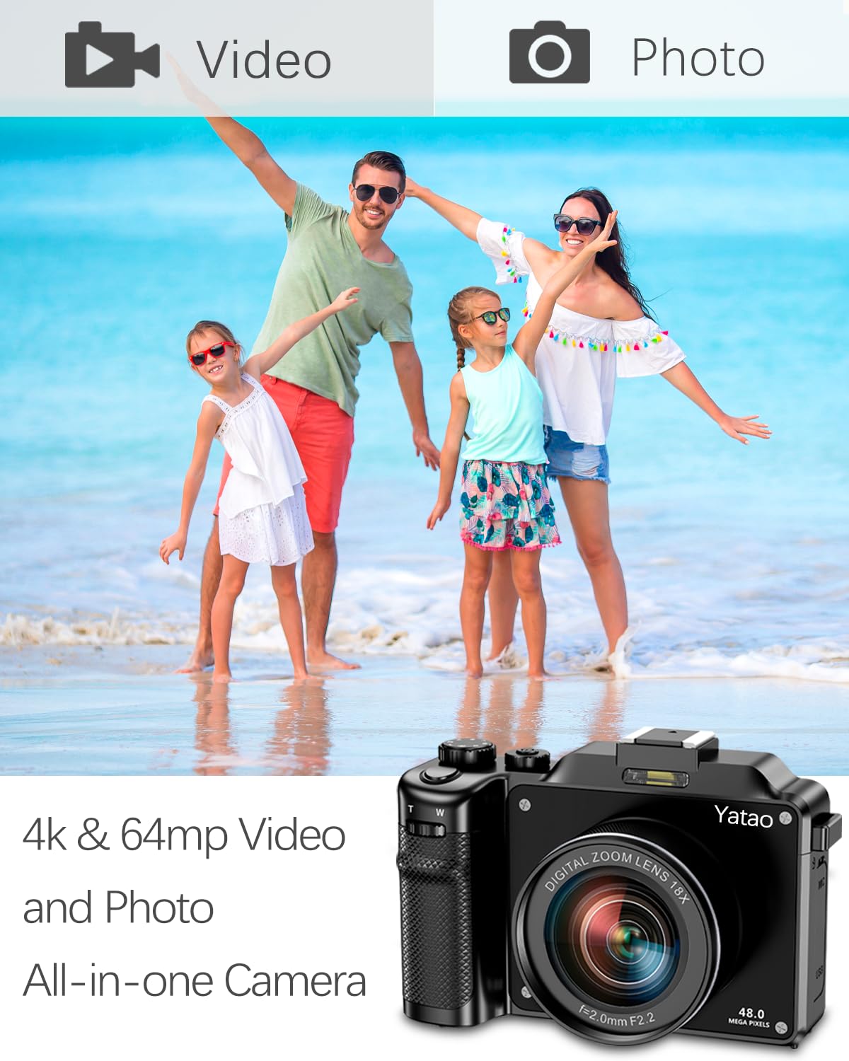 Yatao Digital Camera with WiFi, 4K 64MP Photography Camera Kit for YouTube, Front and Rear Dual Camera for Convenient Selfie, Equipped with 64GB Micro Card, Wide & Macro Lens, Card Reader