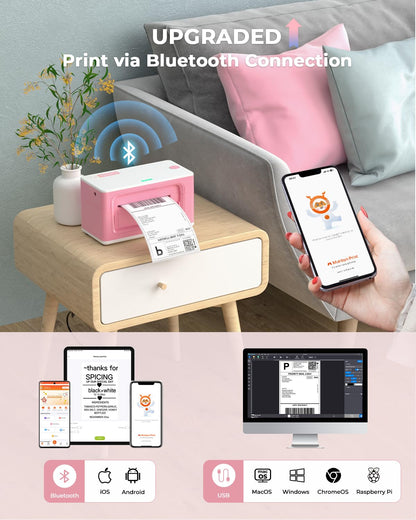 MUNBYN Bluetooth Thermal Label Printer 941B, Wireless 300DPI 4x6 Shipping Label Printer for Small Business, Compatible with Windows, Mac, iPhone, Android, PC, Ebay, Amazon, Shopify, Etsy, USPS (Pink)