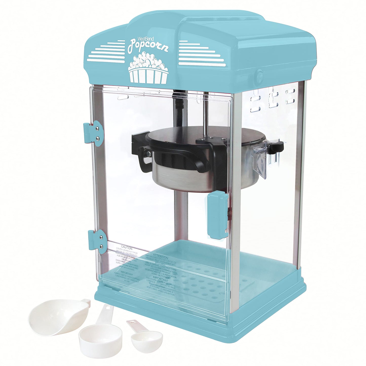 West Bend Stir Crazy Movie Theater Popcorn Popper, Gourmet Popcorn Maker with Nonstick Popcorn Kettle, Measuring Tool and Scoop , 4 Qt, Blue