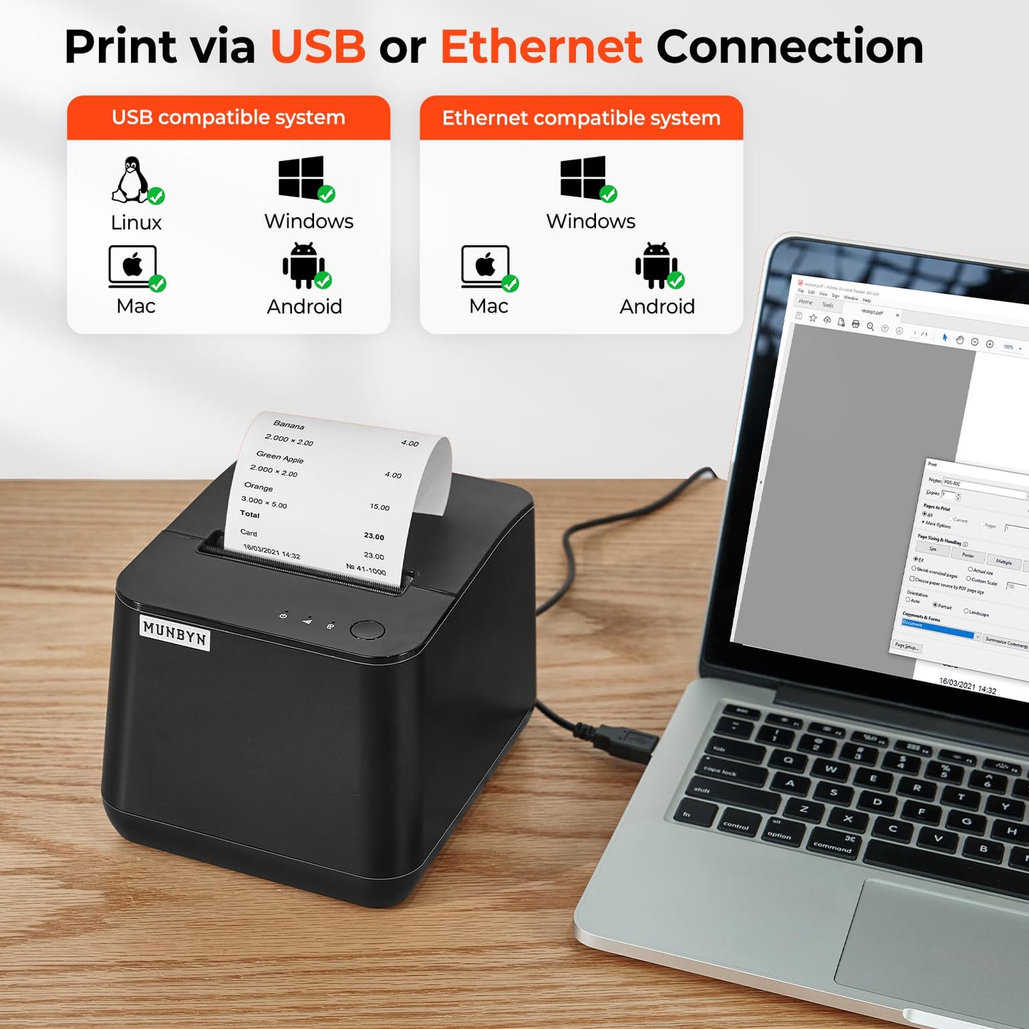 MUNBYN Thermal Receipt Printer P075, 3 1/8" 80mm POS Printer, USB Receipt Printers with Auto Cutter Support Cash Drawer, USB Serial Ethernet Interface for Windows/Android/Mac/Linux