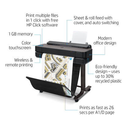 HP DesignJet T650,Color Large Format 24-inch Plotter Printer, Includes 2-Year Warranty Care Pack (5HB08H) ,Black