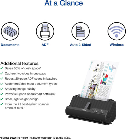 Epson Workforce ES-C320W - Wireless Compact Desktop Document Scanner - 2-Sided Scanning Auto Doc Feeder - Can Scan Paper and Cards - Black