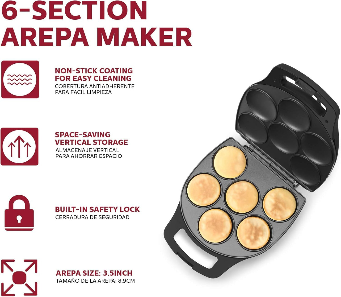 Holstein Housewares Arepa Maker - Non-Stick 6-Section Multi-Food Maker - Make Delicious Arepas, Pancakes, Corncakes, Tosti Arepa - Easy-to-Use - 6-PC - Black