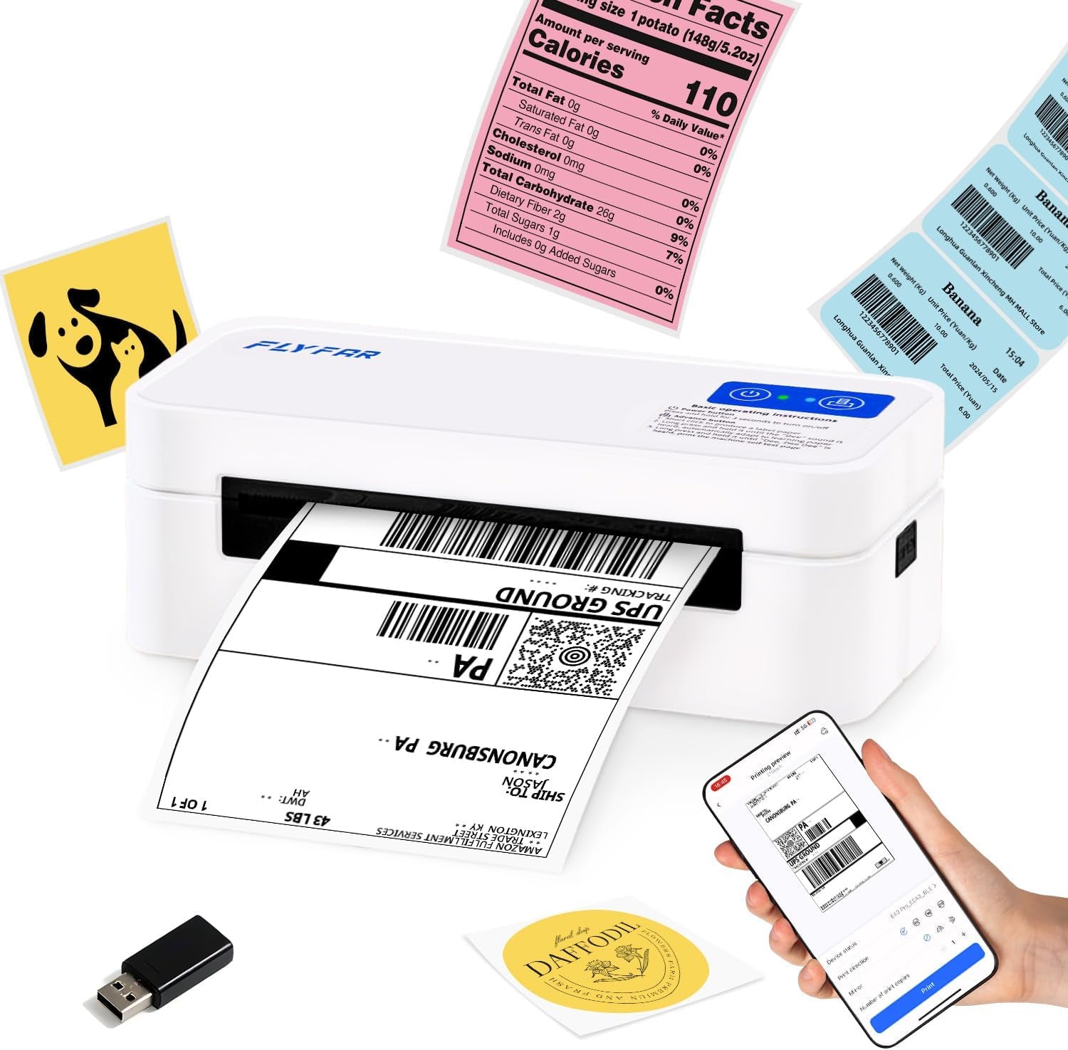 Bluetooth Thermal Shipping Label Printer, Wireless 4X6 Label Printer for Small Business, Compatible with Android, Windows, Iphone, Mac, Widely Used for Amazon, Shopify, Ebay, USPS, Etsy,Fedex (White)