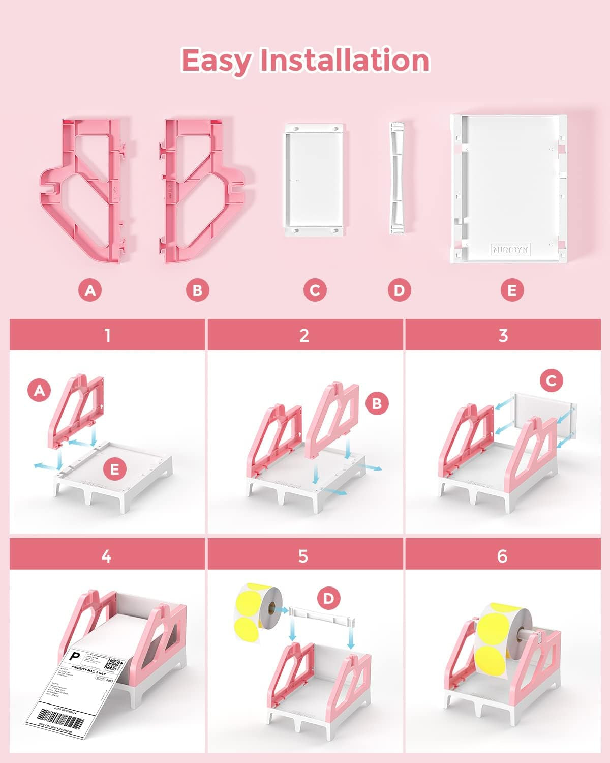 MUNBYN Label Holder for Rolls and Fan-Fold Labels, Thermal Sticker Roll Holder for Desktop Thermal Printer Shipping Supplies Industrial Paper, Pink