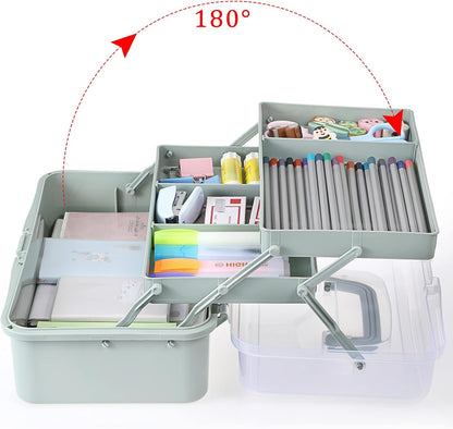 BTSKY 3-Layer Plastic Dividing Storage Box Craft Organizer and Storage with Adjustable Spacers Portable Handled Art Supply Organizer Multipurpose Home Utility Box for Medicine Sewing(Haze Green)