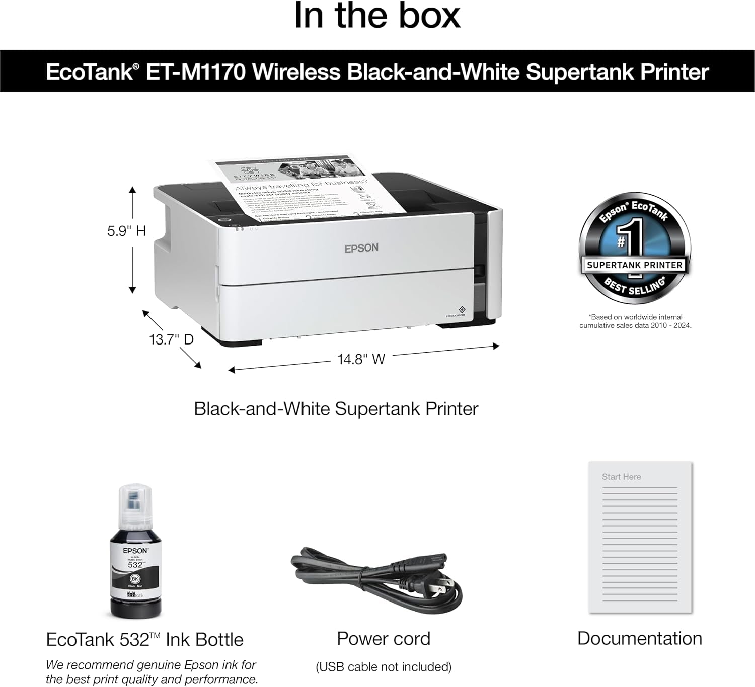 Epson Ecotank ET-M1170 Wireless Monochrome Supertank Printer with Ethernet plus 2 Years of Unlimited Ink*,White