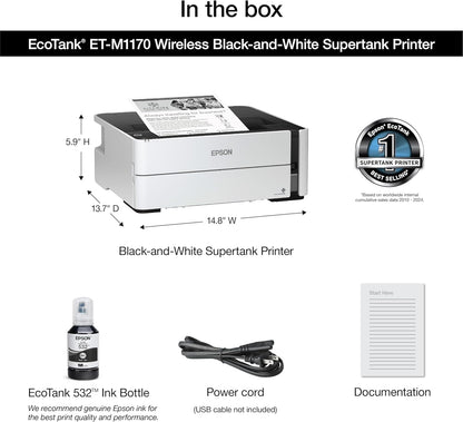 Epson Ecotank ET-M1170 Wireless Monochrome Supertank Printer with Ethernet plus 2 Years of Unlimited Ink*,White