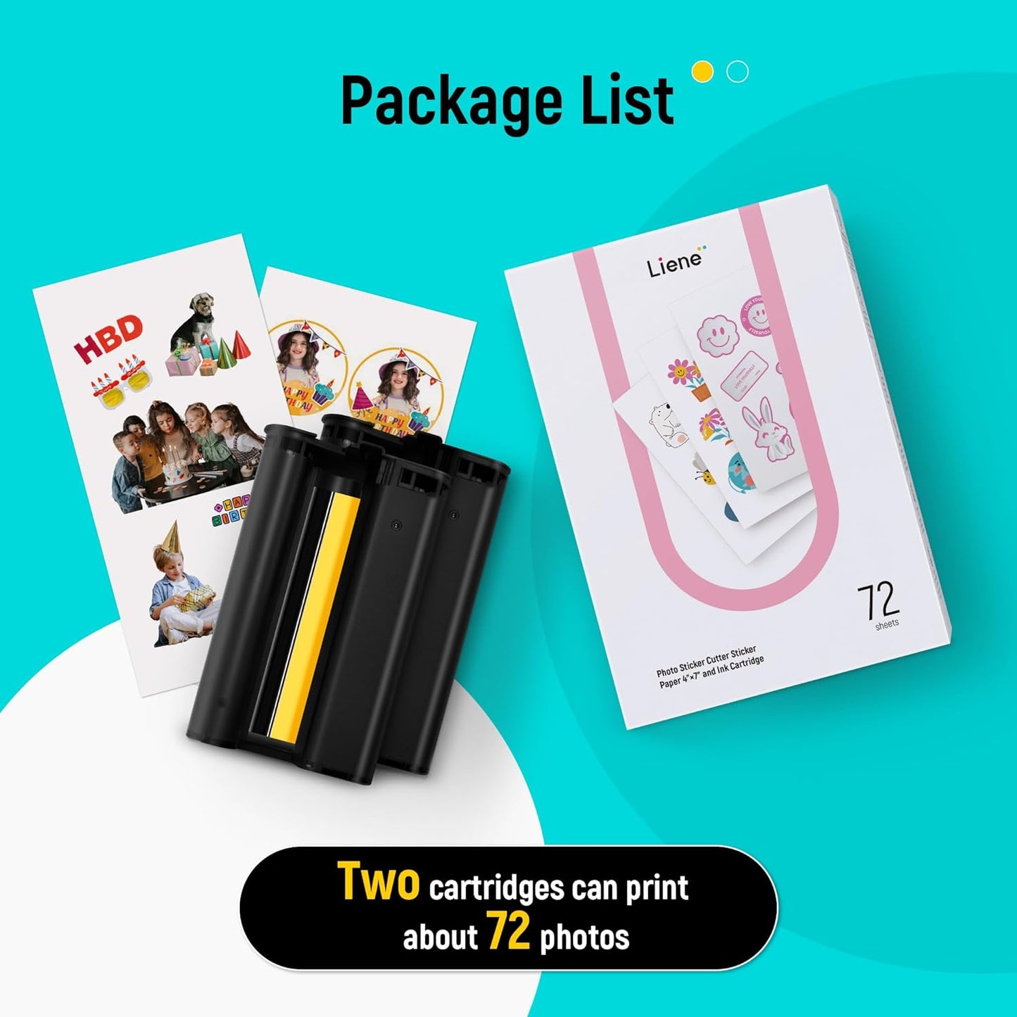 Liene Sticker Paper & Cartridge, 2 Ink Cartridge Refill & 72 sheets photo papers, 4x7", Dye Sublimation, Water & Oxidation-Proof, Compatible w/Liene PixCut S1 Photo Sticker Printer and Cutter