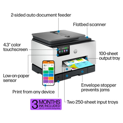 HP OfficeJet Pro 9135e Wireless All-in-One Color Inkjet Printer, Print, scan, Copy, fax, ADF, Duplex Printing Best for Office, 3 Months of Ink Included (404M0A)