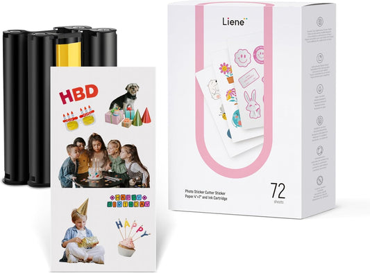 Liene Sticker Paper & Cartridge, 2 Ink Cartridge Refill & 72 sheets photo papers, 4x7", Dye Sublimation, Water & Oxidation-Proof, Compatible w/Liene PixCut S1 Photo Sticker Printer and Cutter