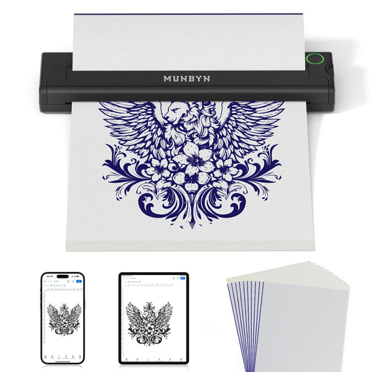 MUNBYN Tattoo Stencil Printer ITP05, Wireless Thermal Tattoo Printer with 10 Transfer Papers, Compatible with Android and iOS Phone/Tablet & PC, Tattoo Printer for Tattoo Artists & Beginners