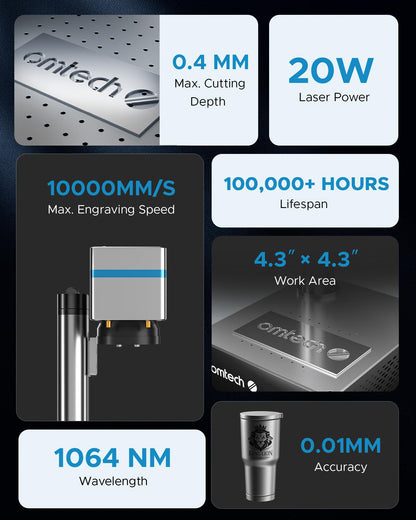 OMTech 30W Fiber Laser Engraver with LightBurn, Laser Marking Machine with Red Dot Pointer for Metal Marking, 5.9"x5.9" Metal Etching Machine with 100,000 Hour Lifespan EZCad Included