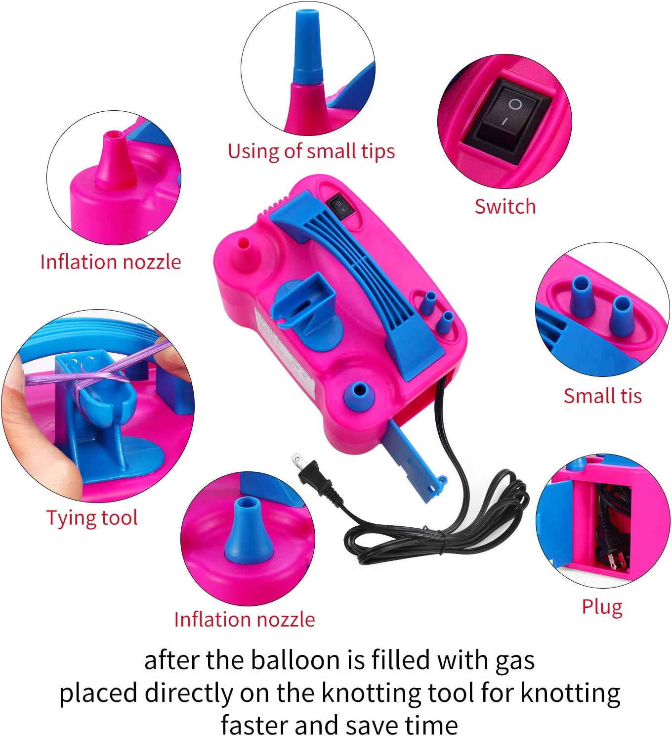 PCFING Electric Air Balloon Pump and Tying Tool in One, Portable Dual Nozzle Electric Blower Air Pump Inflator for Decoration, Party and Save Time