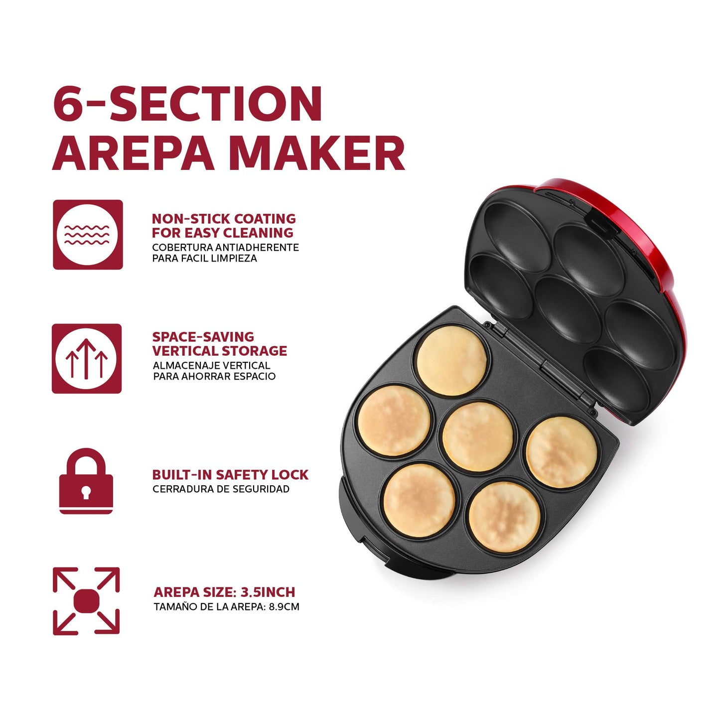 Holstein Housewares Arepa Maker - Non-Stick 6-Section Multi-Food Maker - Make Delicious Arepas, Pancakes, Corncakes, Tosti Arepa - Easy-to-Use - 6-PC - Black