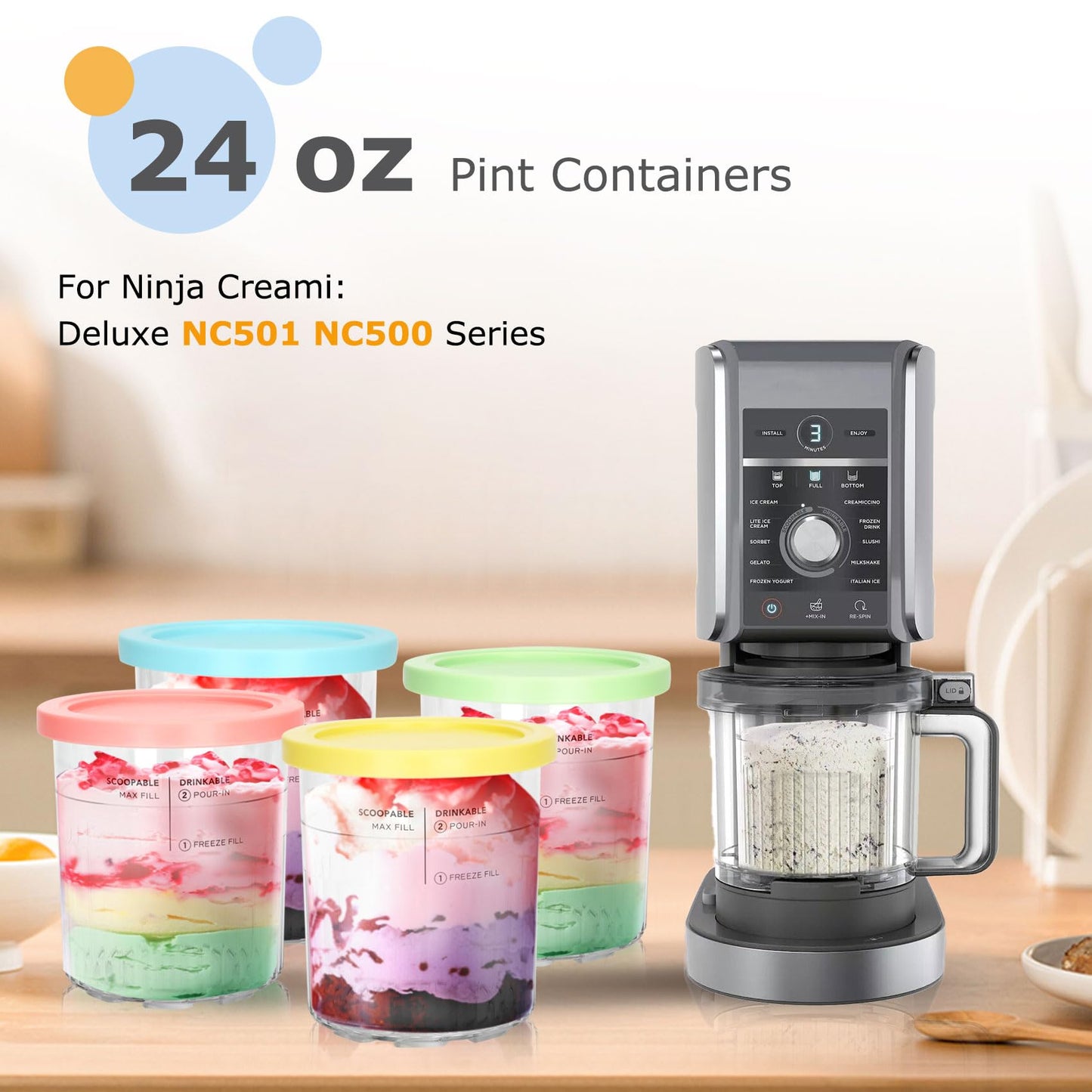 For Ninja Creami Deluxe Pints- 4 Pack, NC500 NC501 Ice Cream Pint fit for Ninja Delux Ice Cream Maker, For Ninja Creami Deluxe Containers Hold 24 Ounces of Food, Dishwasher Safe