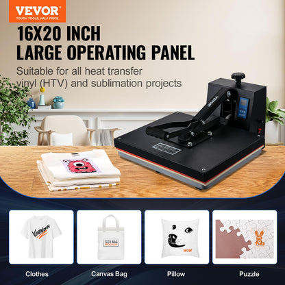 VEVOR 16x20 Heat Press, 1700W High Pressure Clamshell Heat Press Machine for T Shirts, Large Professional Digital Control Heat Transfer Machine for Sublimation, Vinyl, Heat Transfer Projects
