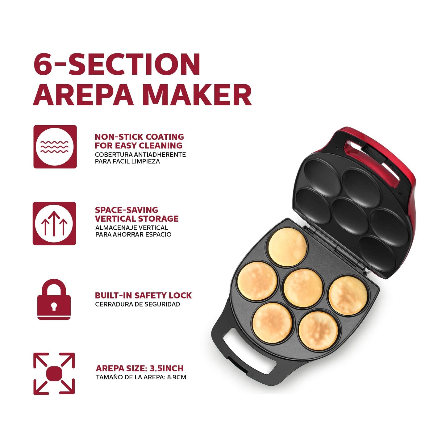 Holstein Housewares Arepa Maker - Non-Stick 6-Section Multi-Food Maker - Make Delicious Arepas, Pancakes, Corncakes, Tosti Arepa - Easy-to-Use - 6-PC - Black