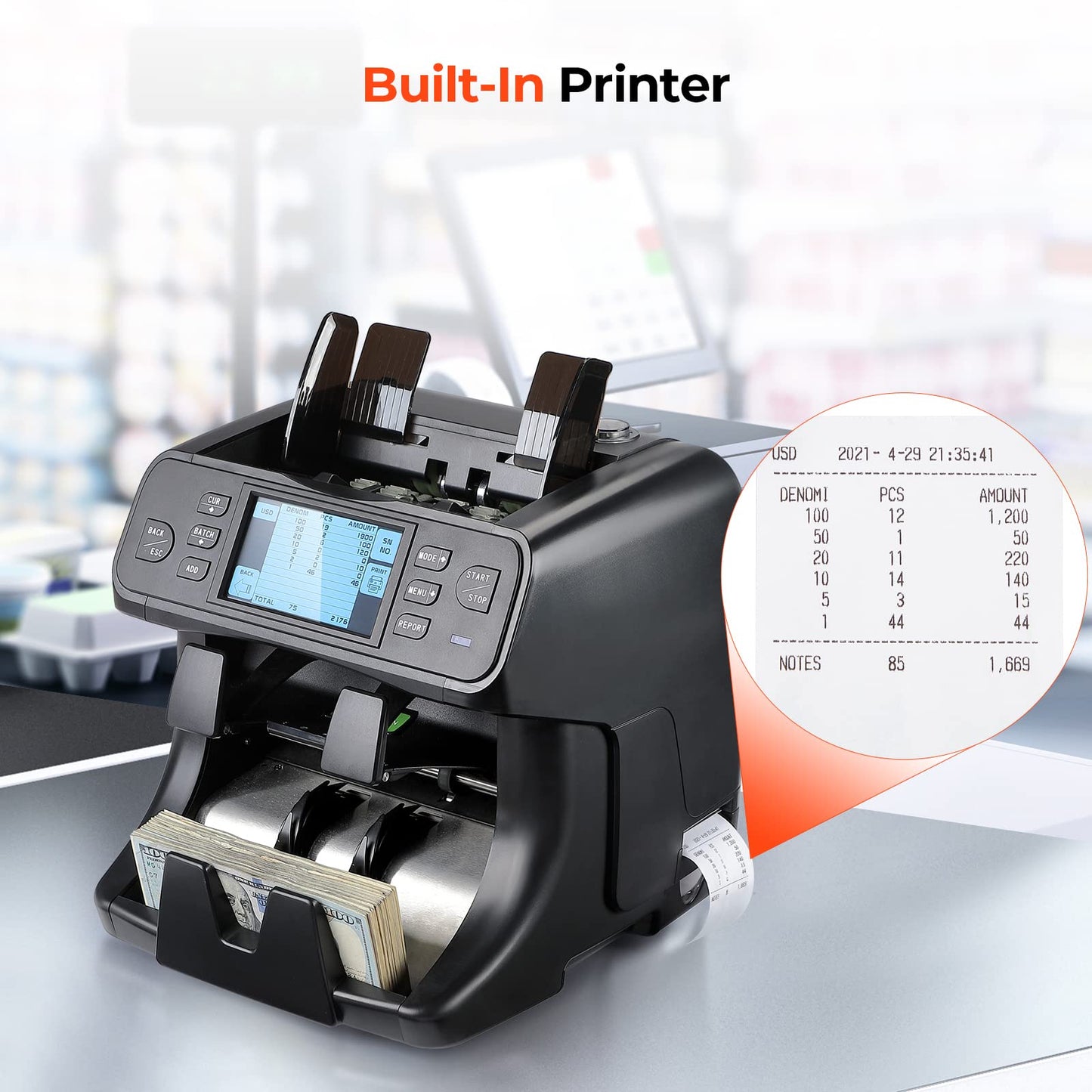 MUNBYN IMC40 2-Pocket Money Counter Machine Mixed Denomination and Sorter, Built-in Printer, Sort on DENOM/FACE/ORI, Value Counting, Counterfeit Detection 2 CIS/UV/MG/IR, Touch Screen, 2Y Protection