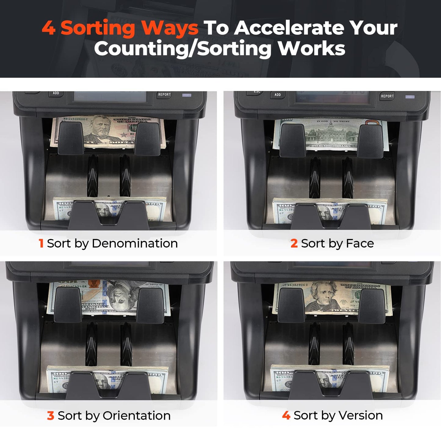 MUNBYN IMC40 2-Pocket Money Counter Machine Mixed Denomination and Sorter, Built-in Printer, Sort on DENOM/FACE/ORI, Value Counting, Counterfeit Detection 2 CIS/UV/MG/IR, Touch Screen, 2Y Protection